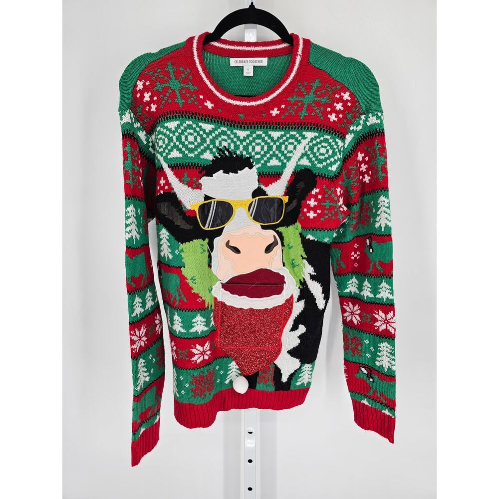 Celebrate Together Womens Sz S Ugly Christmas Sweater Funny Cow Print